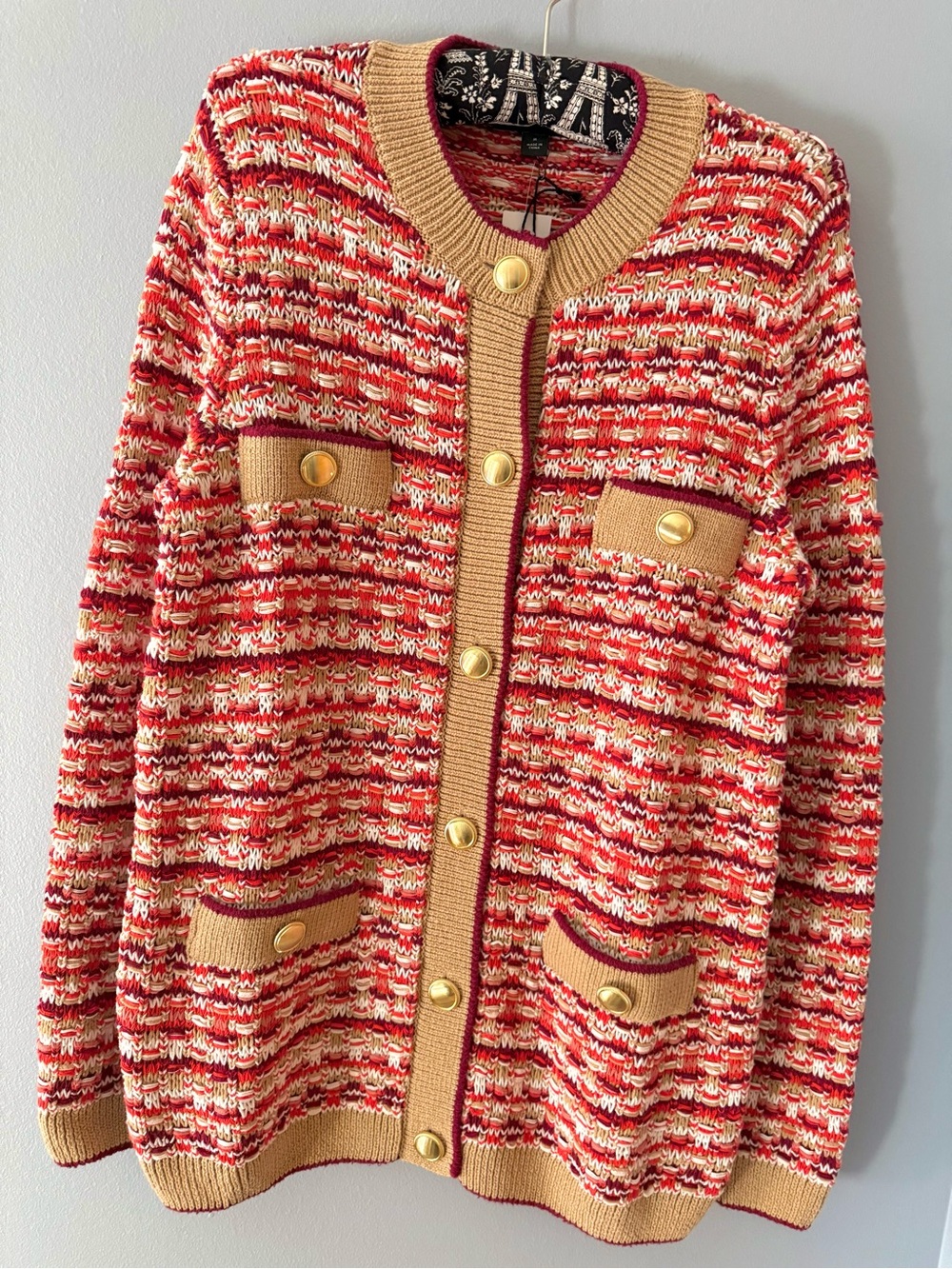 ANN TAYLOR Tweed Stitch Cardigan Sweater - Tan & Red